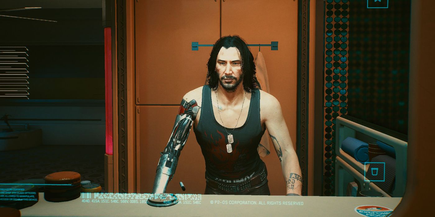Johnny Silverhand in the mirror instead of V in Cyberpunk 2077.