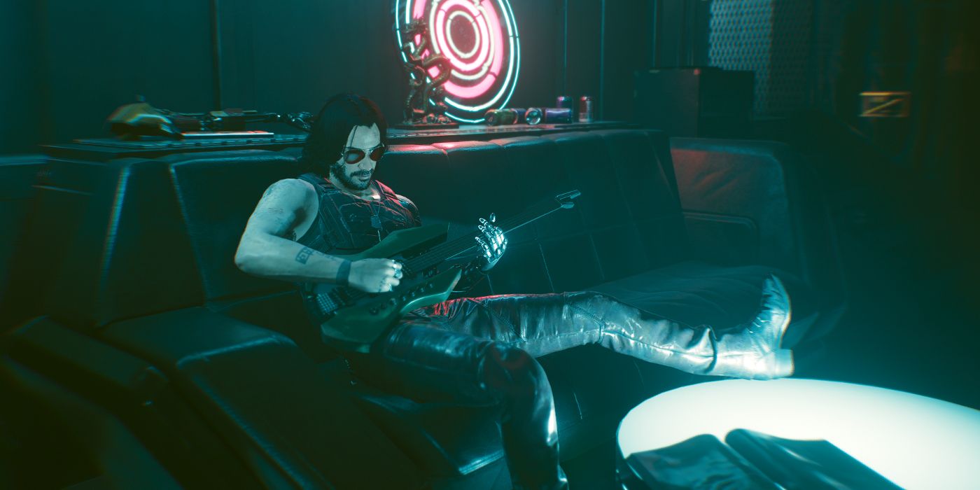 Johnny Silverhand playing the guitar in Cyberpunk 2077's secret dev room.