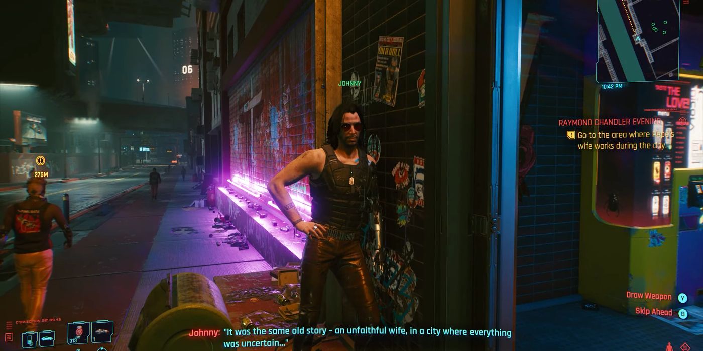 Johnny Silverhand do lado de fora do bar Coyote Cojo em Cyberpunk 2077, encostado em uma parede e dizendo: 