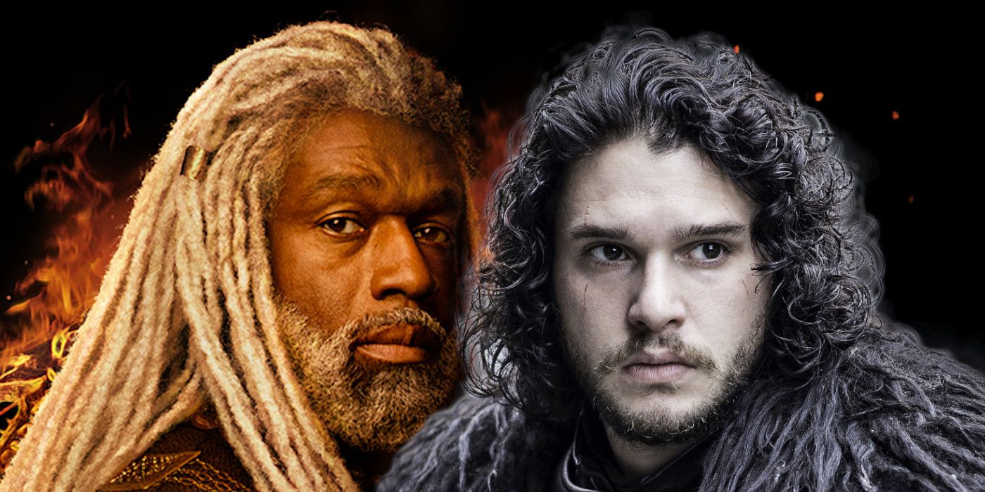 The Sea Snake from House of the Dragon and Jon Snow from Game of Thrones both looking very serious