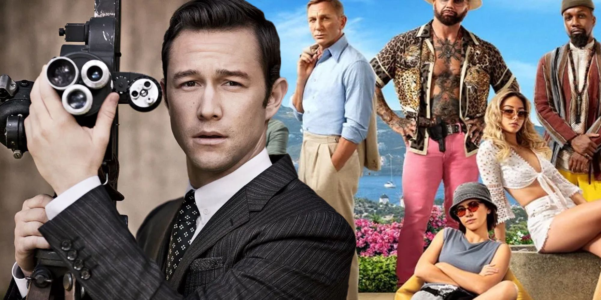 Joseph Gordon-Levitt holding a camera and the Glass Onion: A Knives Out mystery cast