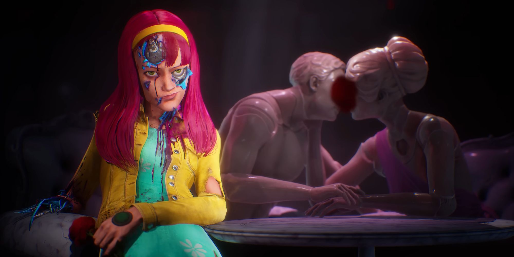 A pink-haired robotic woman from Judas looks mischievously at the camera. A romantic statue is in the background.