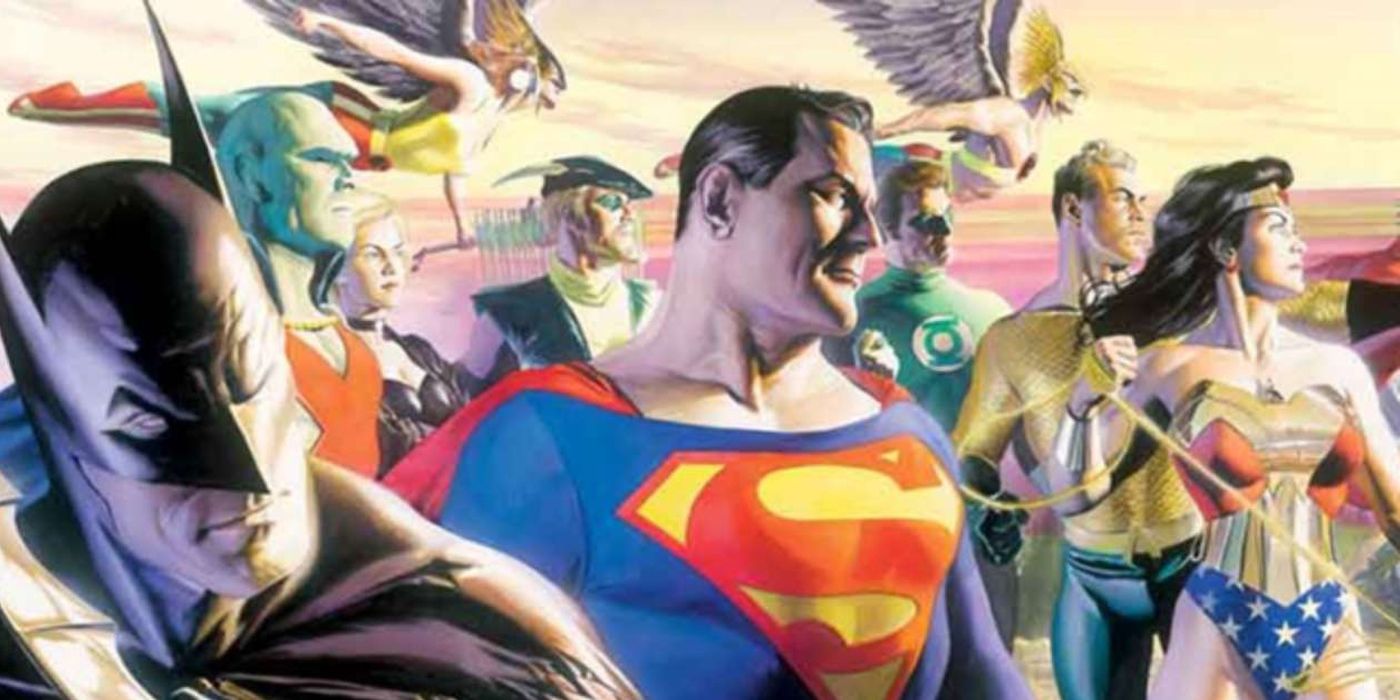 A Liga da Justiça vista em sua execução sob o escritor e ilustrador Alex Ross, com Batman, Superman, Mulher Maravilha, Aquaman, Lanterna Verde, Arqueiro Verde, Caçador de Marte, Canário Negro, Hawkgirl e Hawkman.