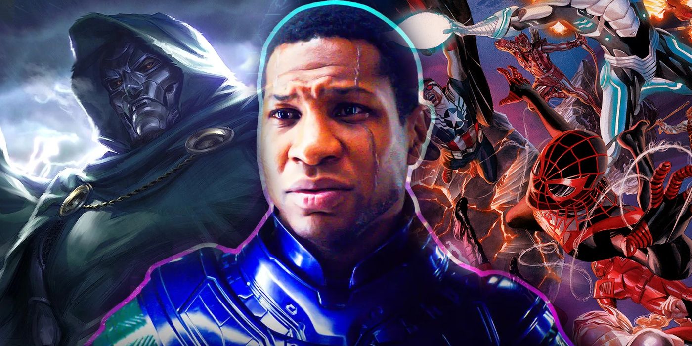 Split Image: comic book depiction of Doctor Doom; Jonathan Majors as Kang the Conqueror; comic book version of Secret Wars 2015