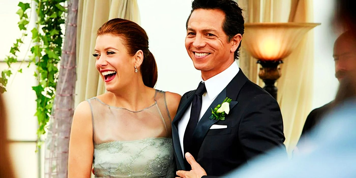 Kate Walsh as Addison Montgomery and Benjamin Bratt as Jake Reilly on their wedding day in Private Practice