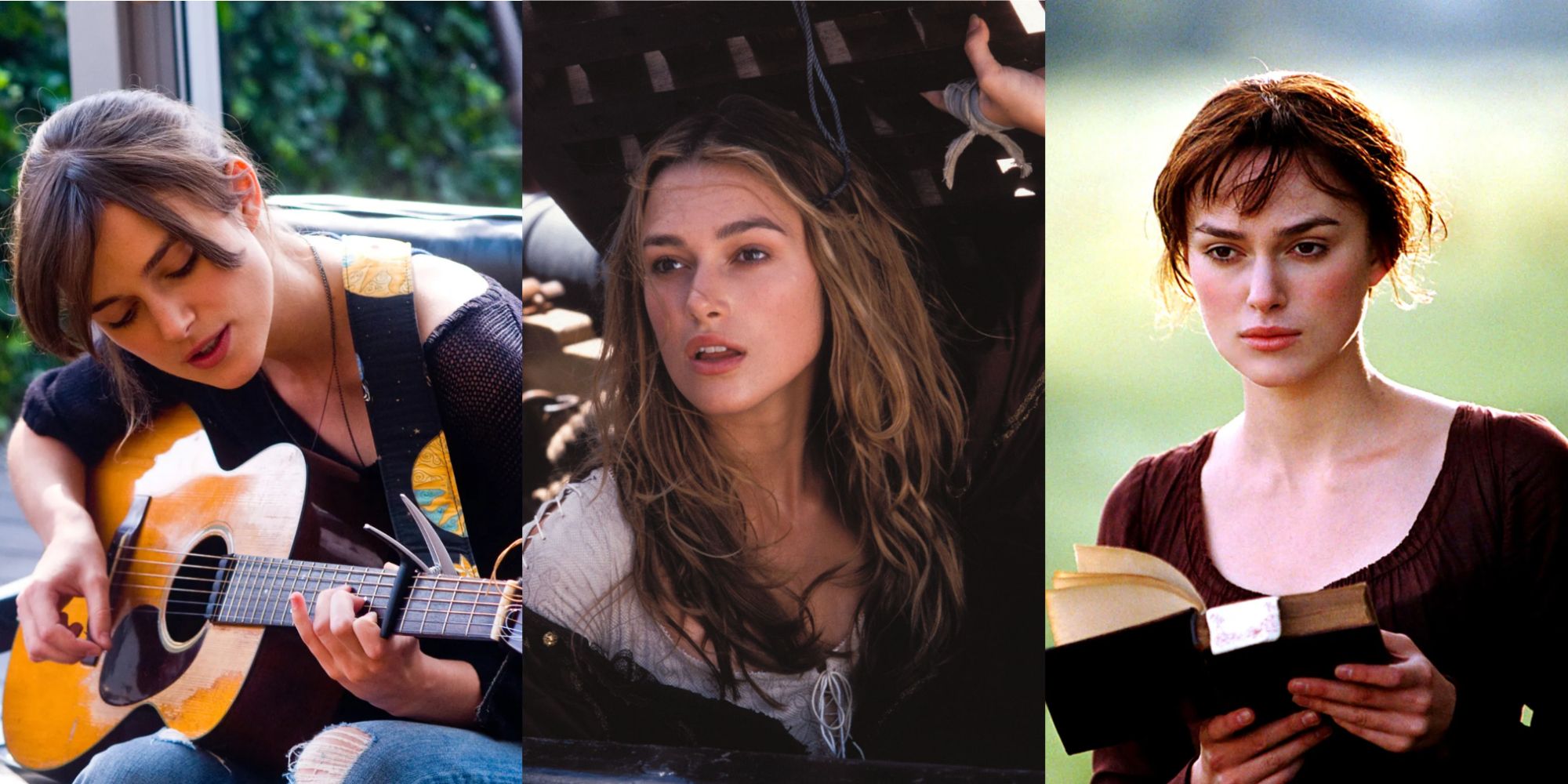 Split image of Keira Knightley in Begin Again, Pirates of the Caribbean and Pride and Prejudice