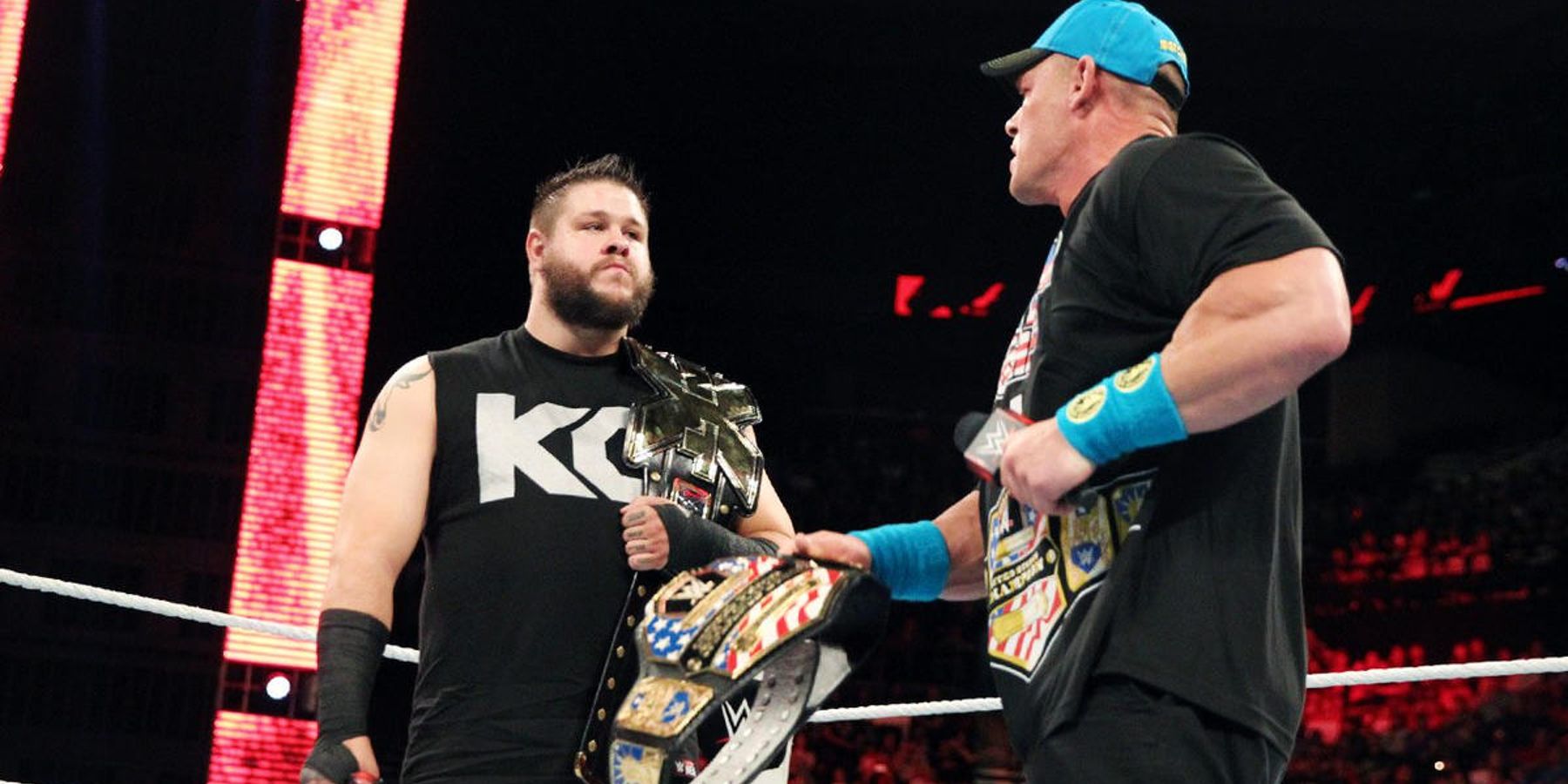 John Cena confronts Kevin Owens after losing to him in shocking fashion at WWE Elimination Chamber.
