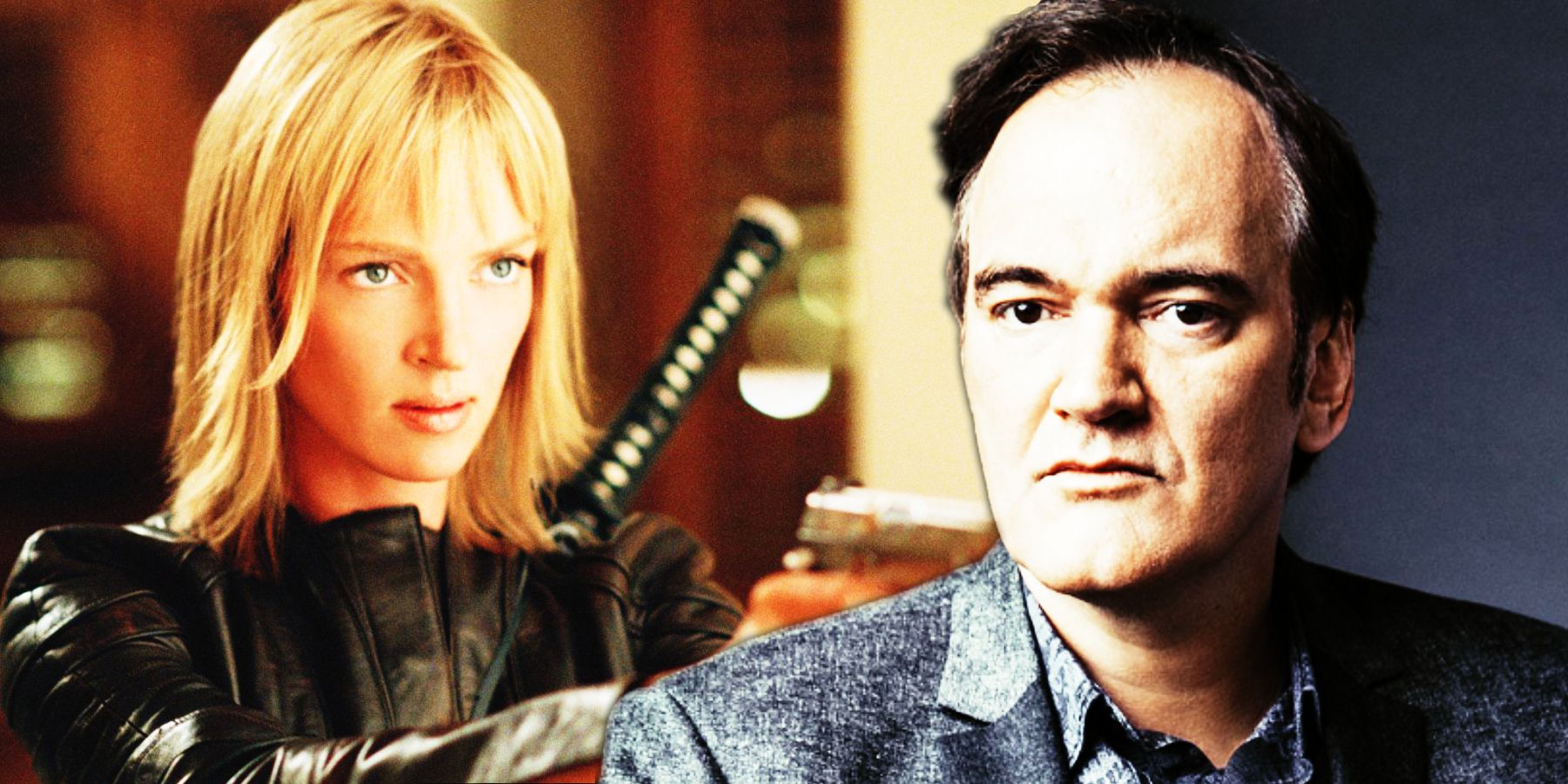 Uma Thurman como a Noiva aponta uma arma em Kill Bill e Quentin Tarantino
