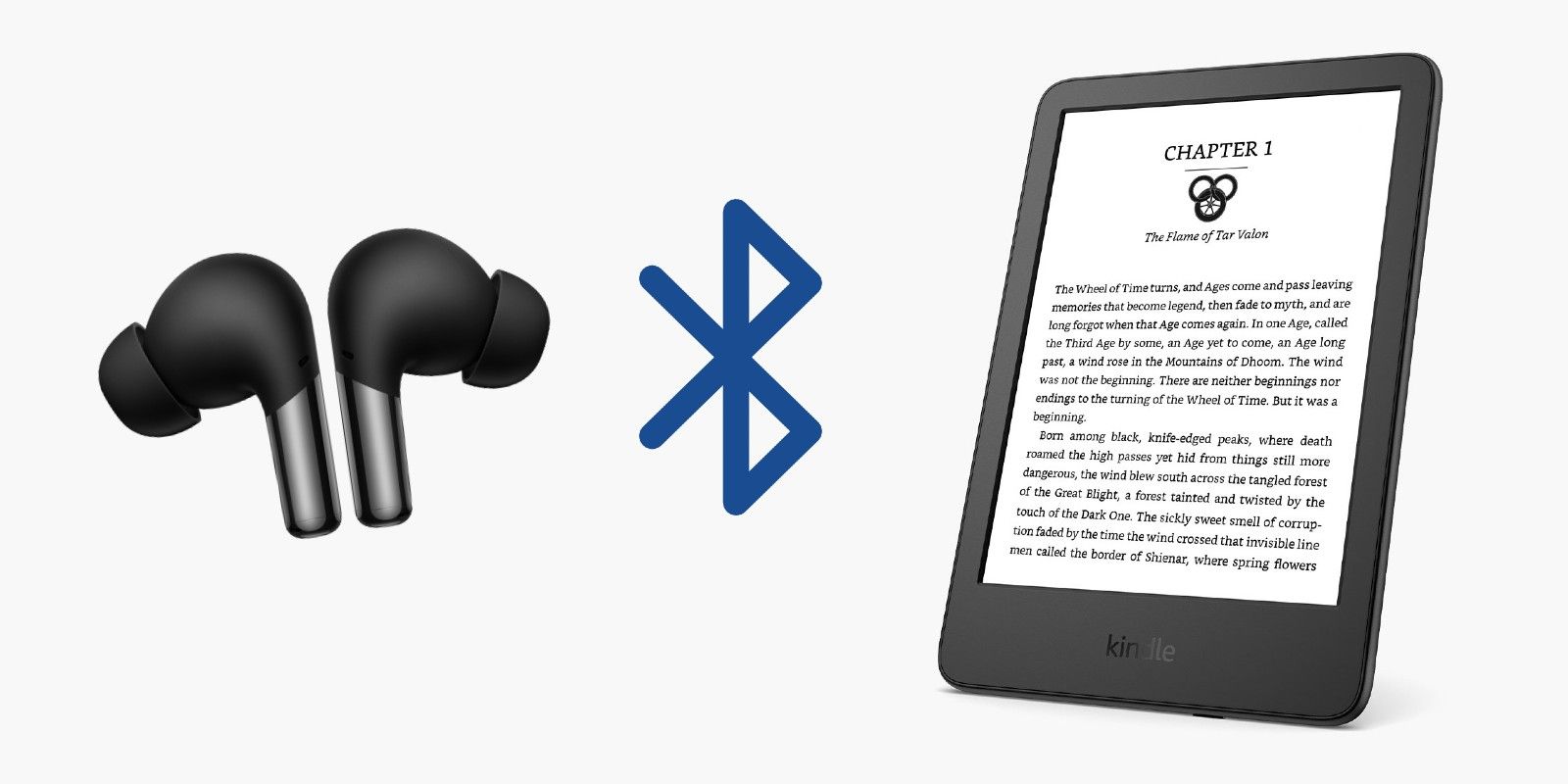 An image showing a pair of wireless earbuds, the Bluetooth symbol, and a Kindle reader.