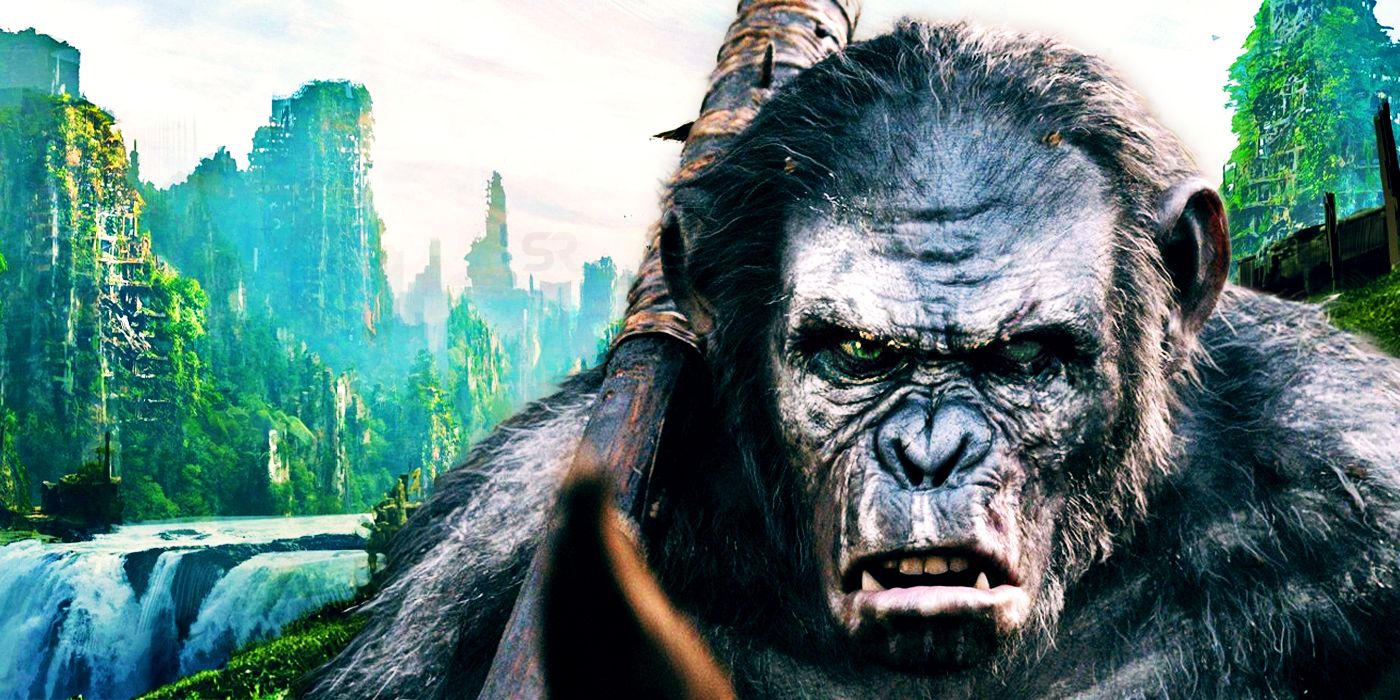 A destroyed city and an ape from Planet of the Apes.