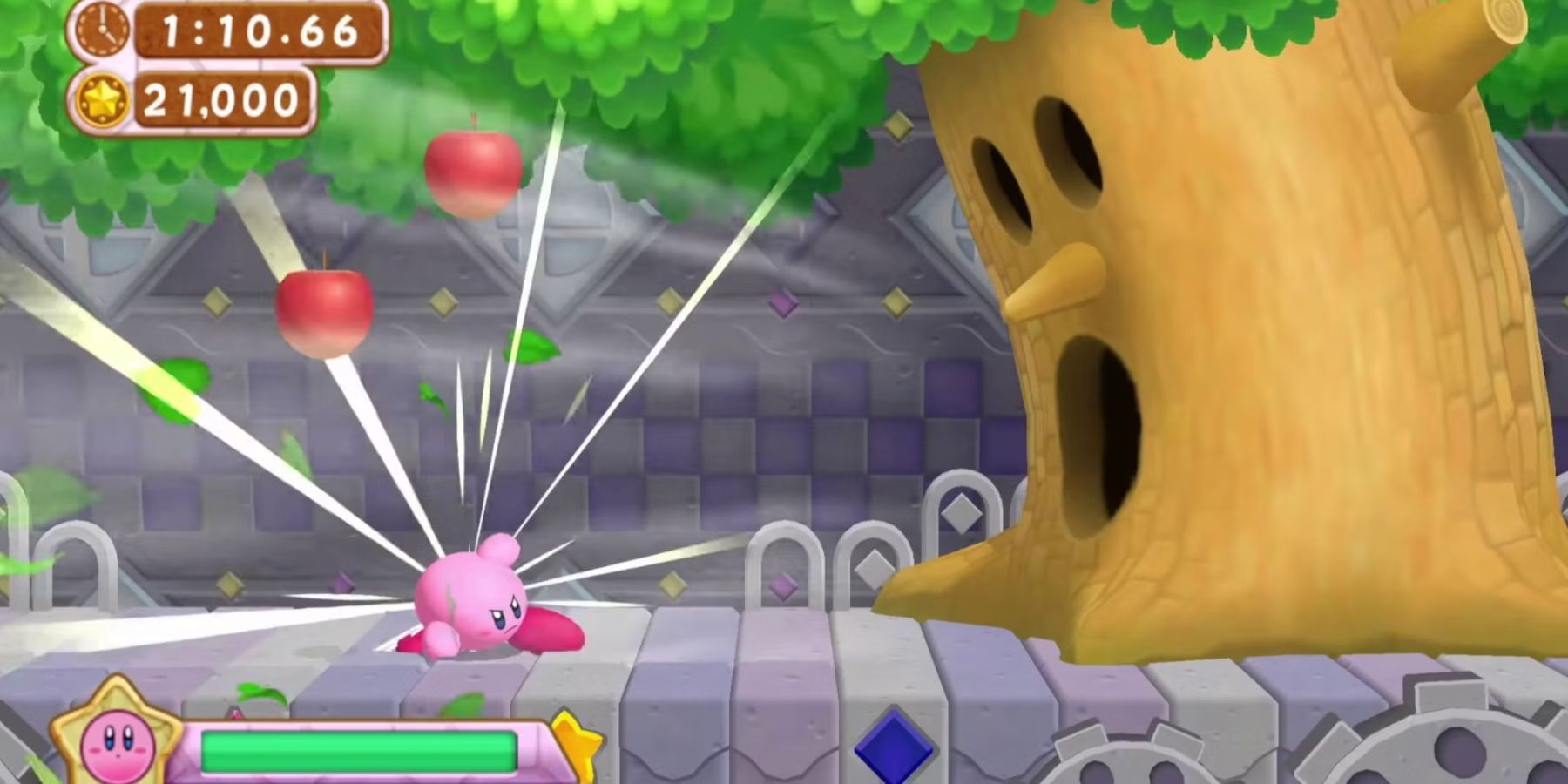 Kirbys pisa no chão ao lado de uma árvore assustada