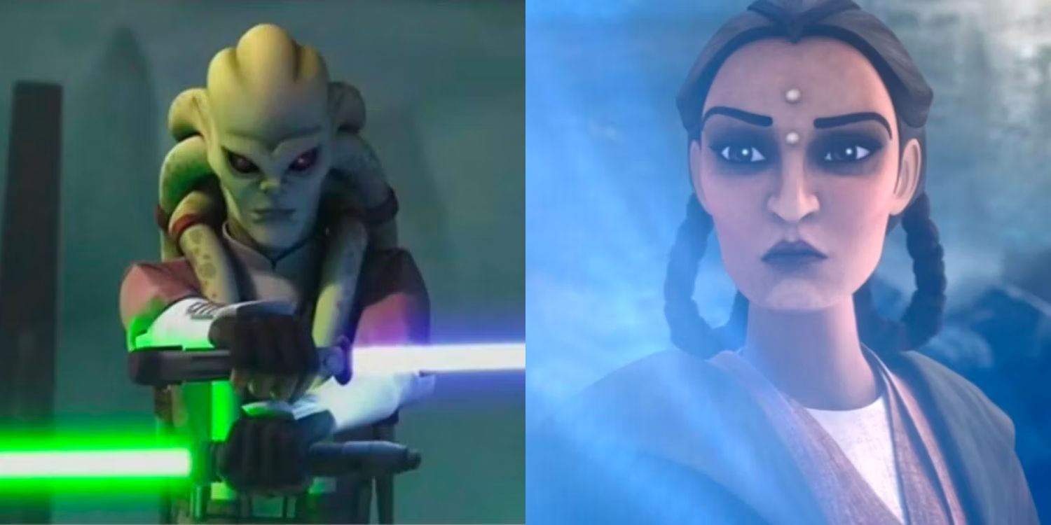 Kit fisto with two lightsabers and a woman looking at a hologram