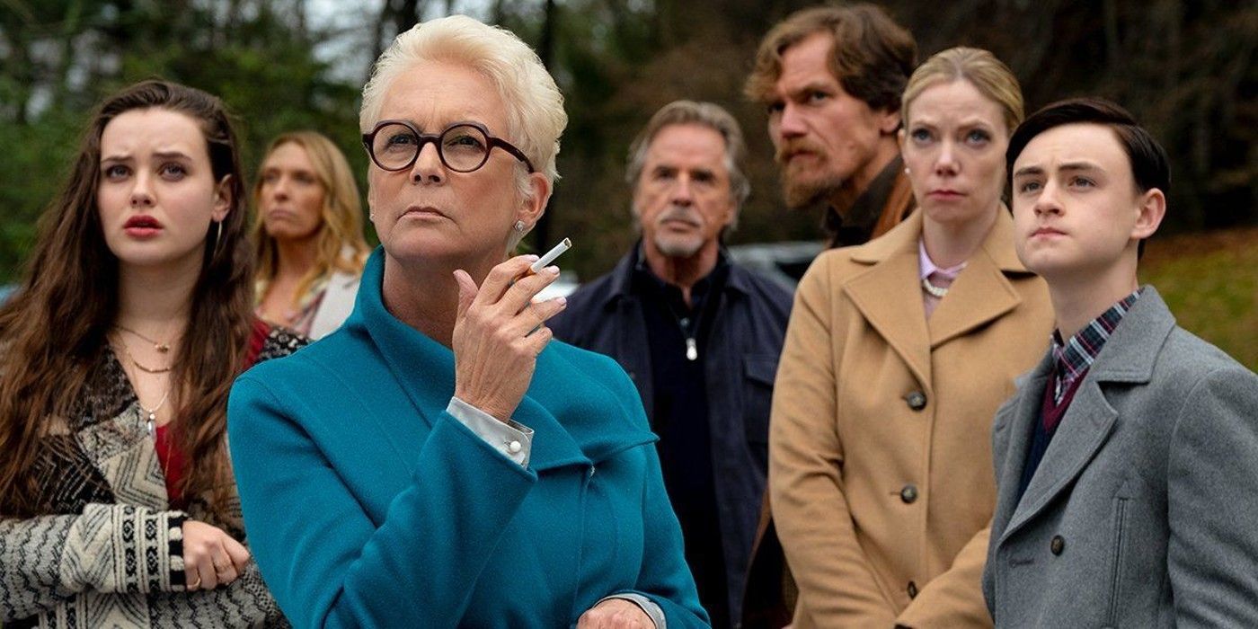 Jamie Lee Curtis smoking a cigarette in Knives Out.