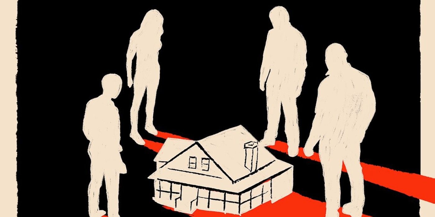 Knock At The Cabin Poster showing silhouettes gathered around house