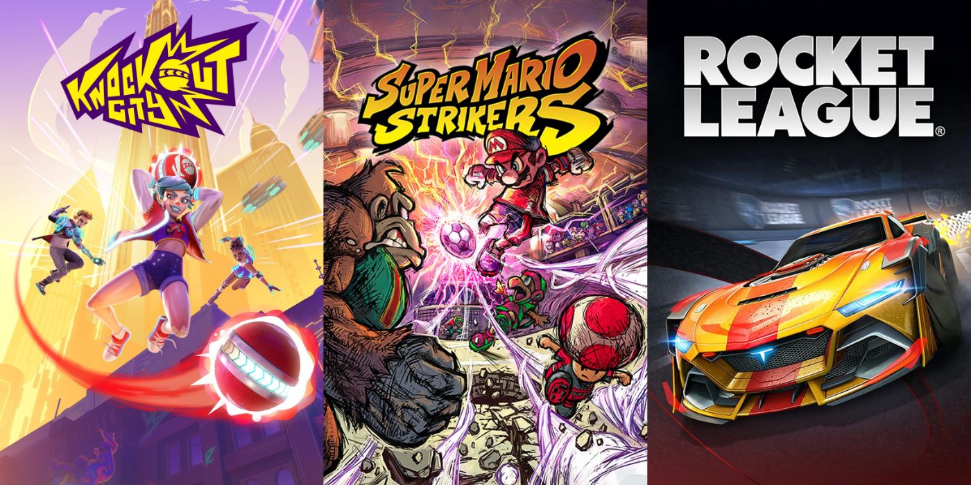 Split image of Knockout City, Super Mario Strikers, and Rocket League promo art.
