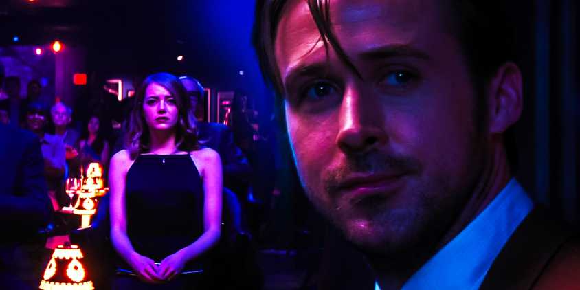 Blended image of Mia (Emma Stone) at a jazz bar looking sad and Seb (Ryan Gosling) looking out at her, also looking sad, in La La Land