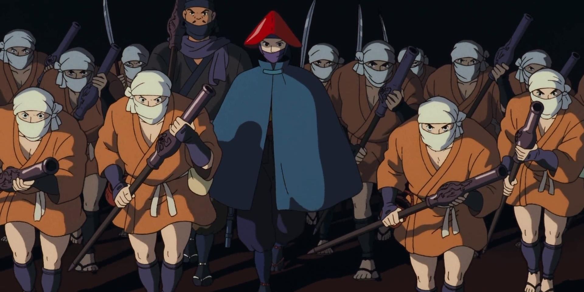 Lady Eboshi lidera um grupo de soldados armados em princesa Mononoke
