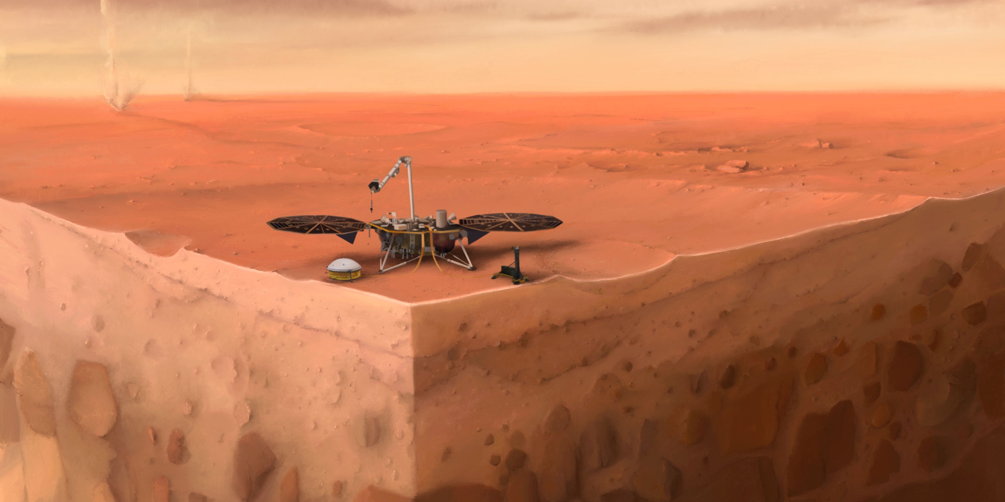 A ilustração de um artista mostra uma seção transversal do interior de Marte com o lander InSight retratado no topo