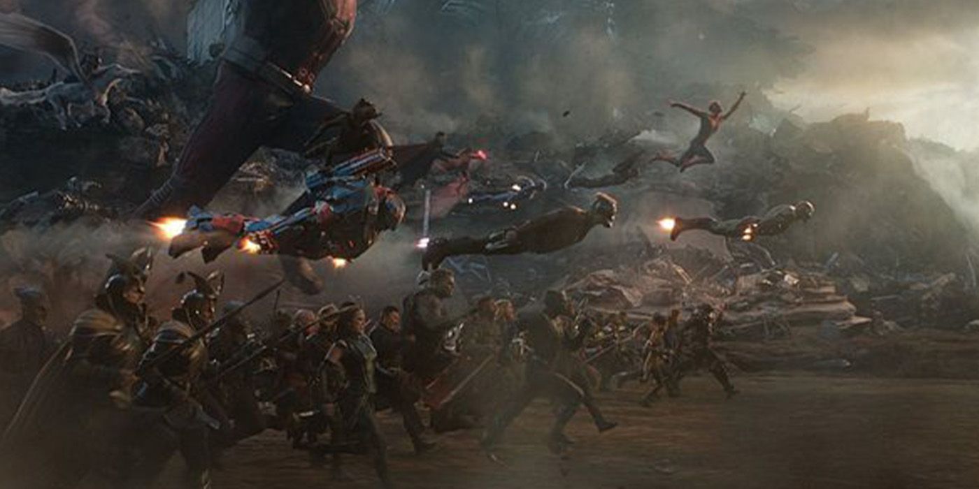 Heroes charging in Avengers: Endgame.