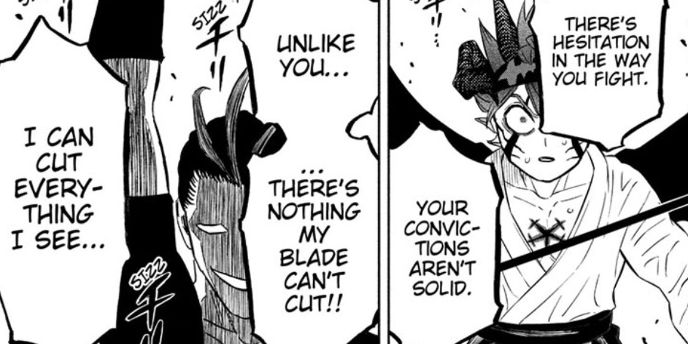 Líder do Ryuzen Seven Yosuga Mushogatake diz a Asta que sua espada pode cortar qualquer coisa no capítulo 345 de Black Clover