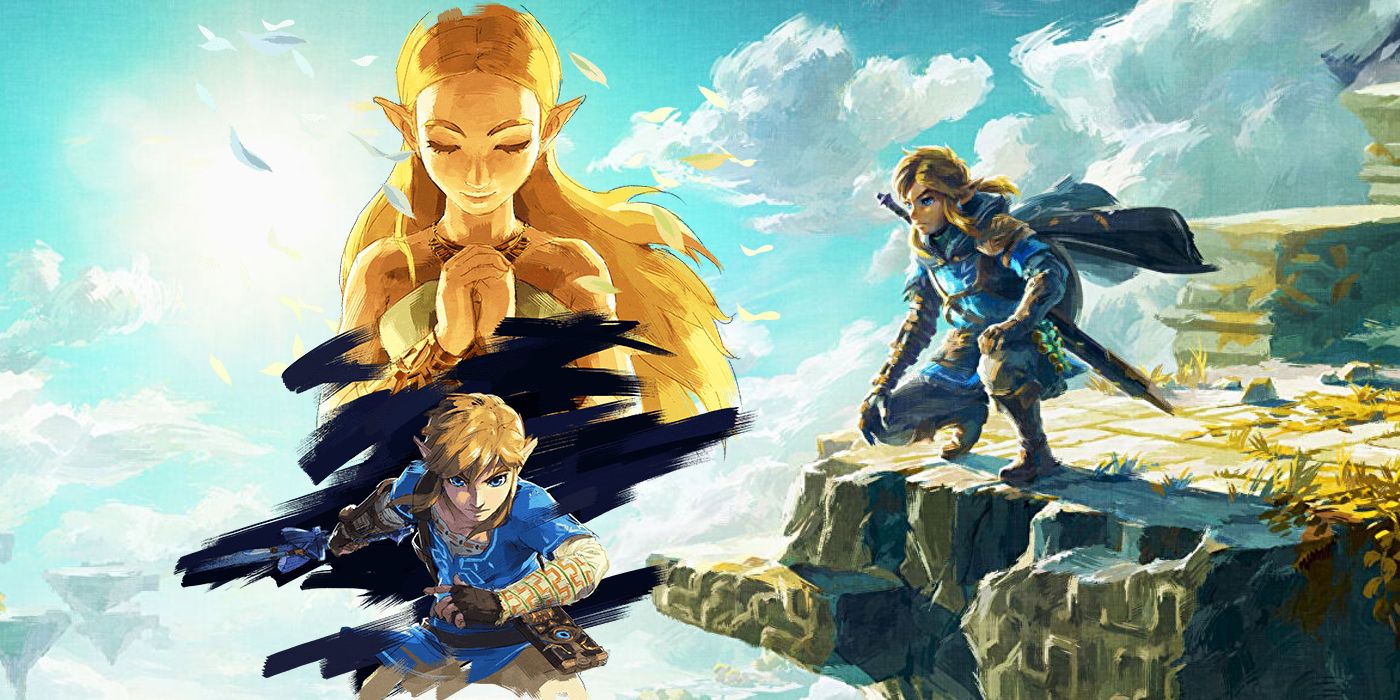 Box art for Legend of Zelda: Tears of the Kingdom showing Link in blue robes perched on a cliff. Art for Breath of the Wild's DLC Season Pass is pasted to the left, showing a golden Princess Zelda above a sword-wielding Link.