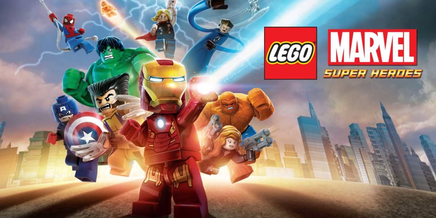 Arte promocional LEGO Marvel Superheroes apresentando vários personagens icônicos.