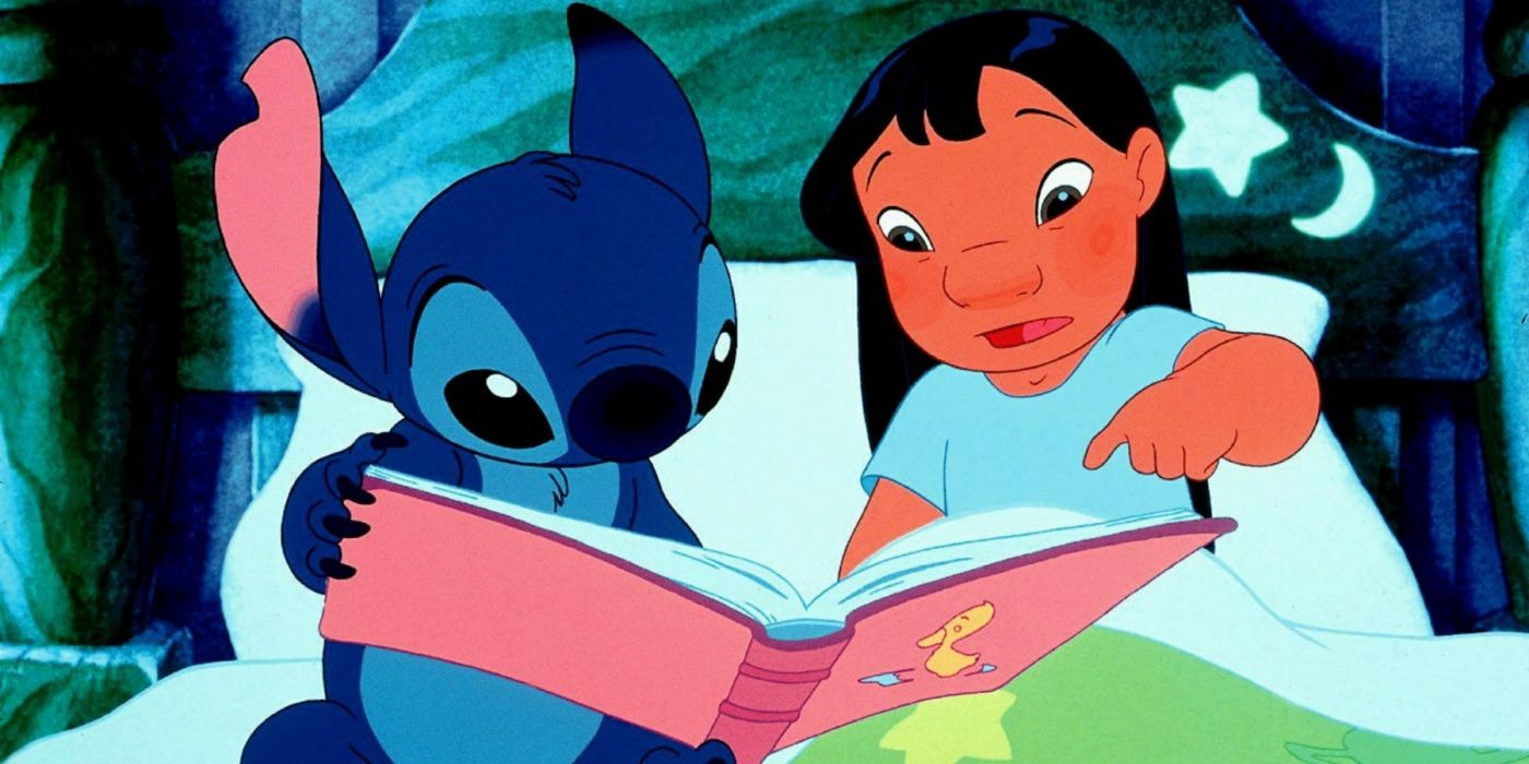Lilo and Stitch reading a book in Lilo and Stitch