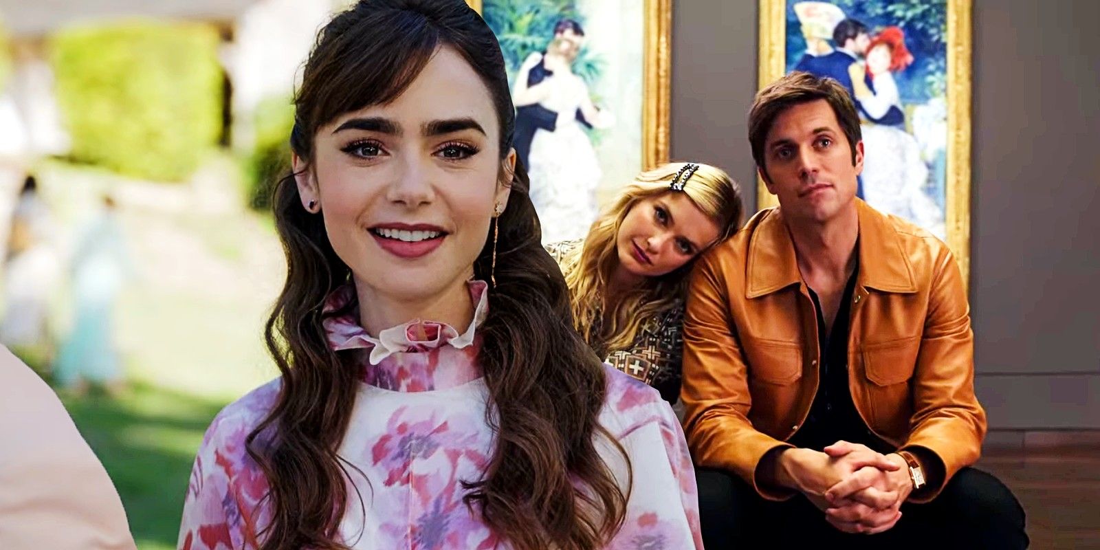 Lily Collins as Emily, Camille Razat as Camille and Lucas Bravo as Gabriel in Emily in Paris season 3