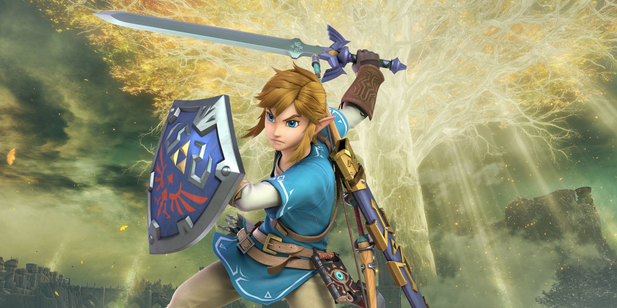 Link in his Breath of the Wild Champion's Tunic in front of the Erdtree from Elden Ring.
