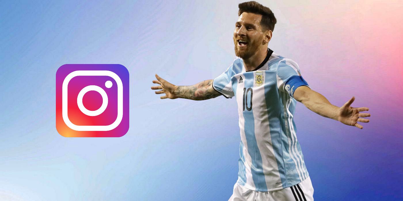 Een afbeelding van Lionel Messi die een doelpunt viert naast een Instagram-logo op een aangepaste achtergrond met kleurovergang