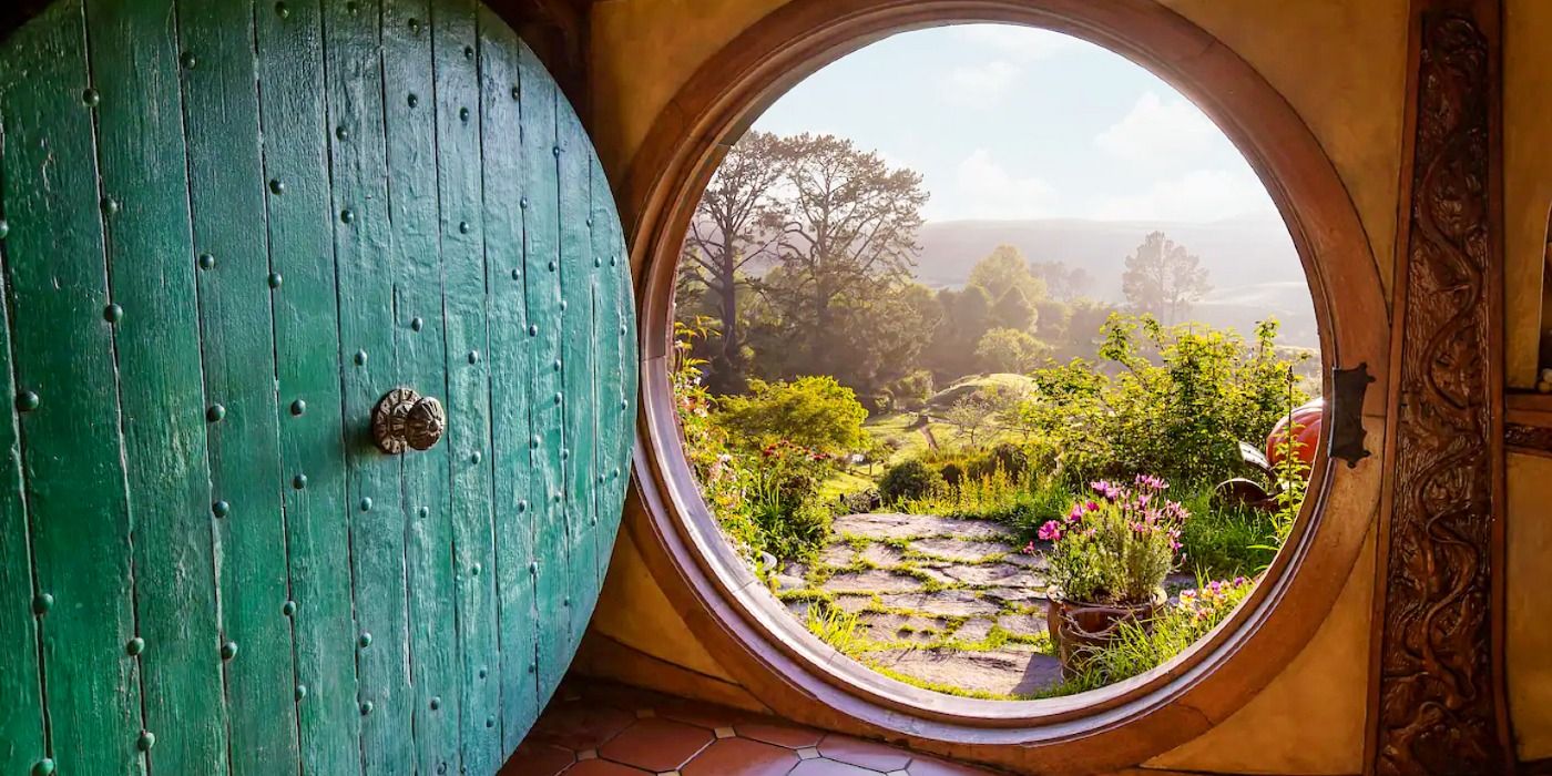 Hobbit Hole doorway looking out across the Shire in New Zealand. 