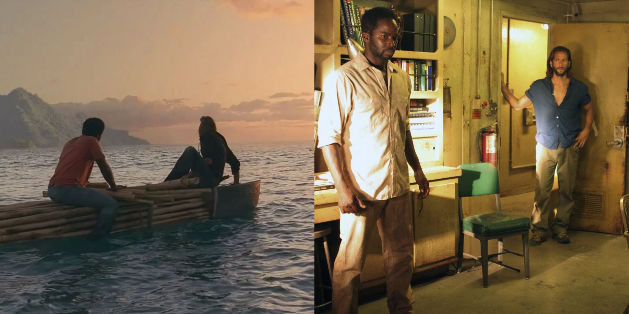 Split image of Michael and Sawyer on a raft and Michael with Desmond