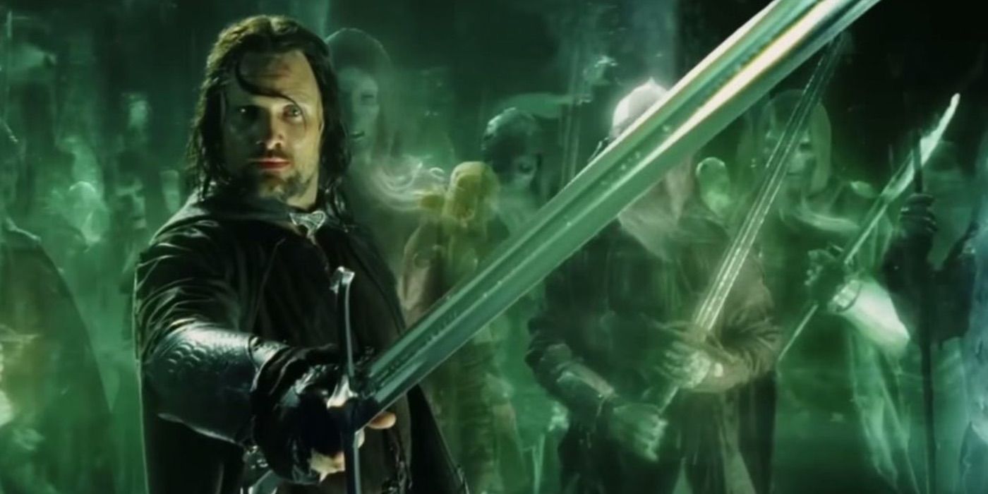 Aragorn wields his sword before an army of the dead from The Lord of the Rings 