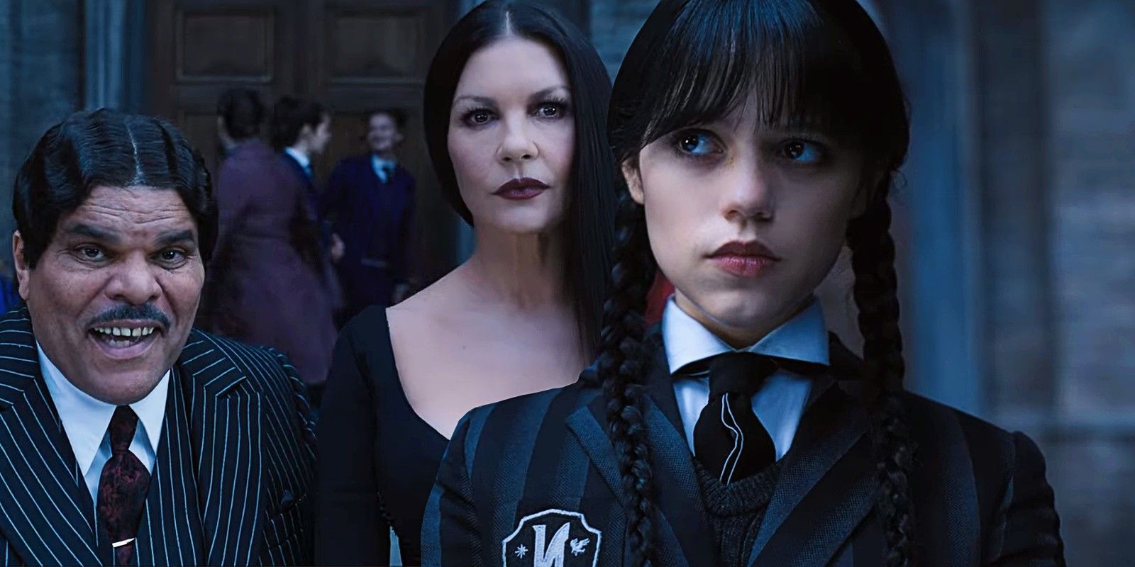 Luis Guzmán as Gomez Addams and Catherine Zeta-Jones as Morticia Addams Jenna Ortega as Wednesday Addams in Wednesday episode 4