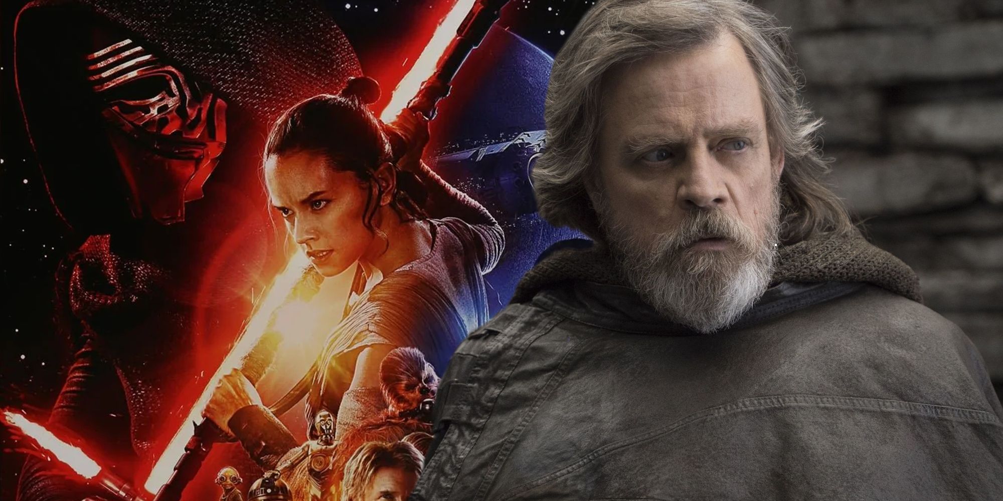 Luke Skywalker in The Last Jedi to the right of a poster of Star Wars: The Force Awakens