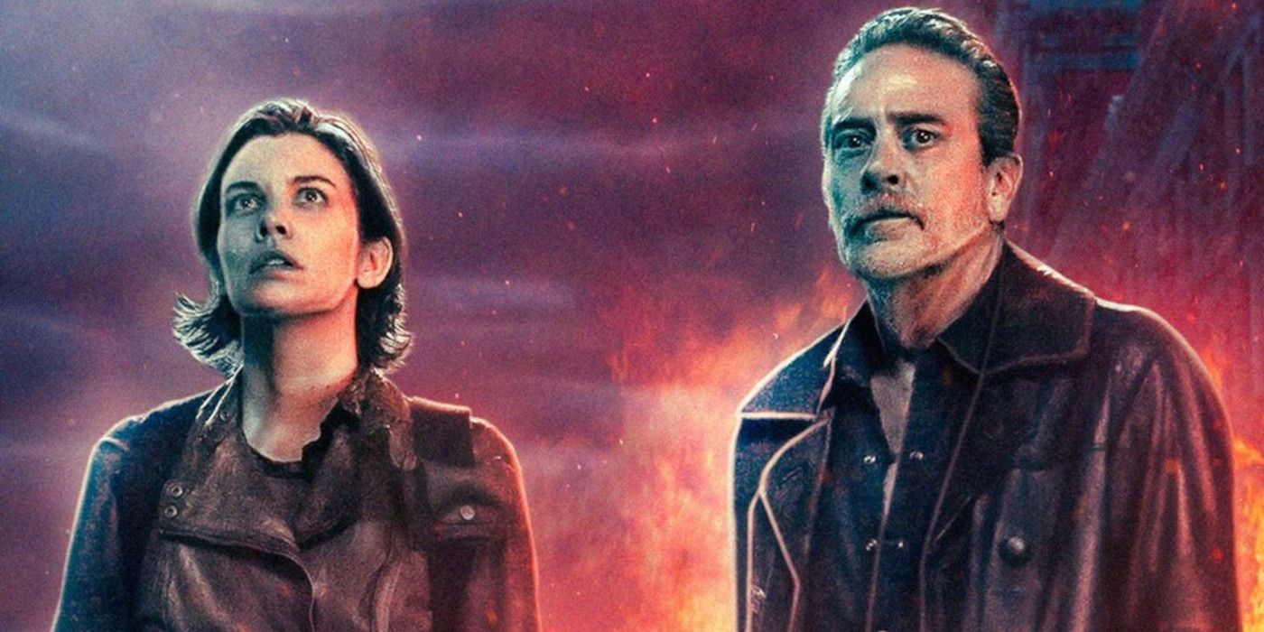 Maggie and Negan in The Walking Dead: Dead City fan poster backdropped by a flaming cityscape