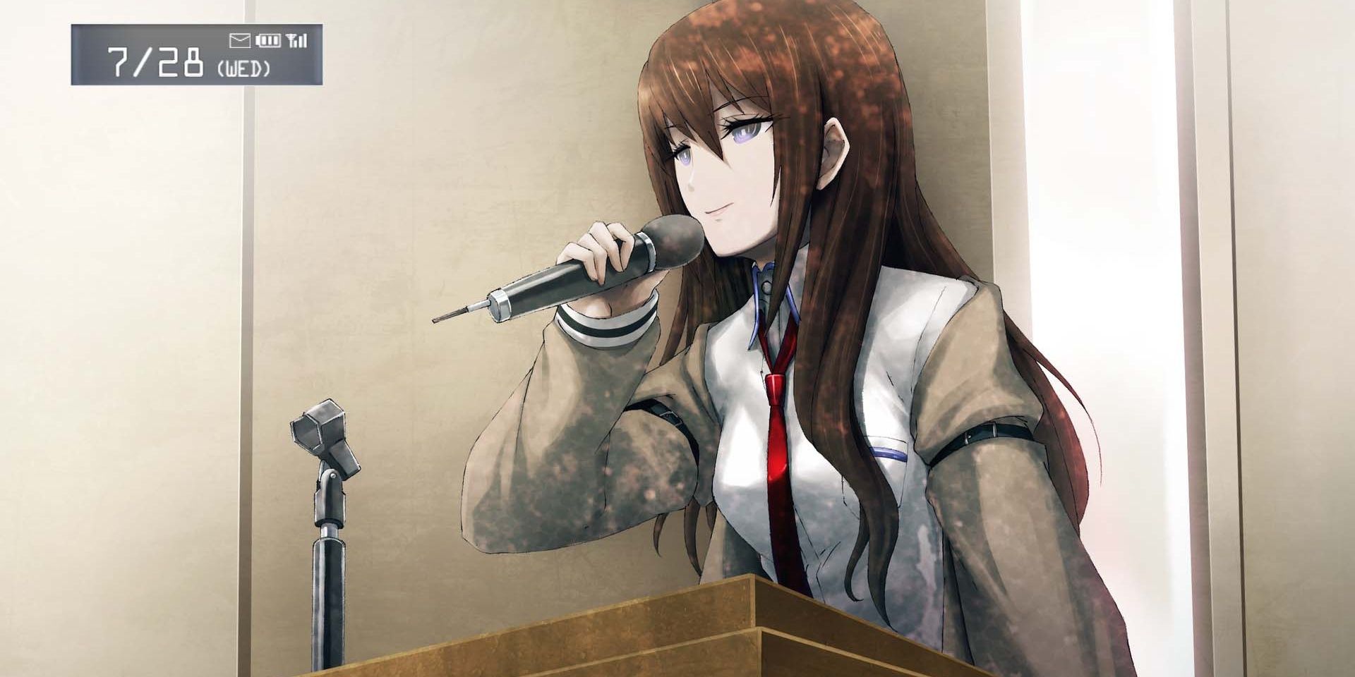 Makise Kurisu gives a lecture in the Steins Gate visual novel