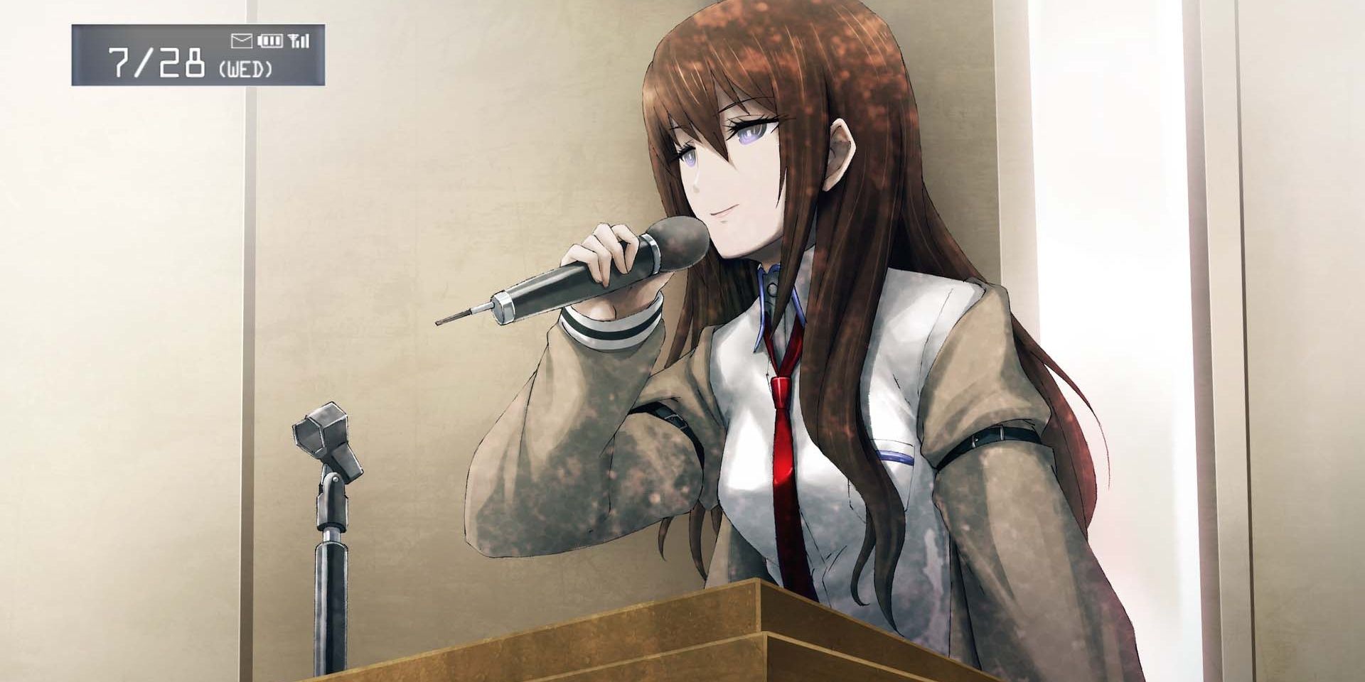 Makise Kurisu dá uma palestra no romance visual Steins Gate