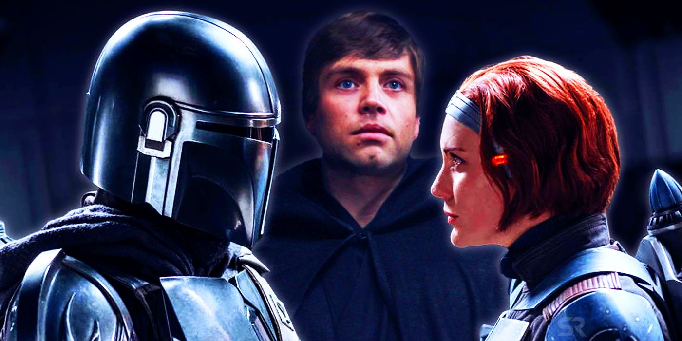 Din Djarin, Bo-Katan, and Luke Skywalker in Star Wars' The Mandalorian series