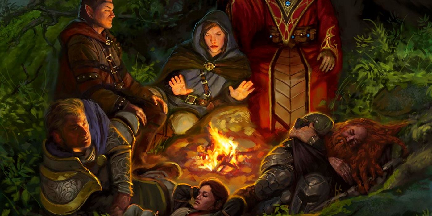 Many Dungeons & Dragons characters camp together