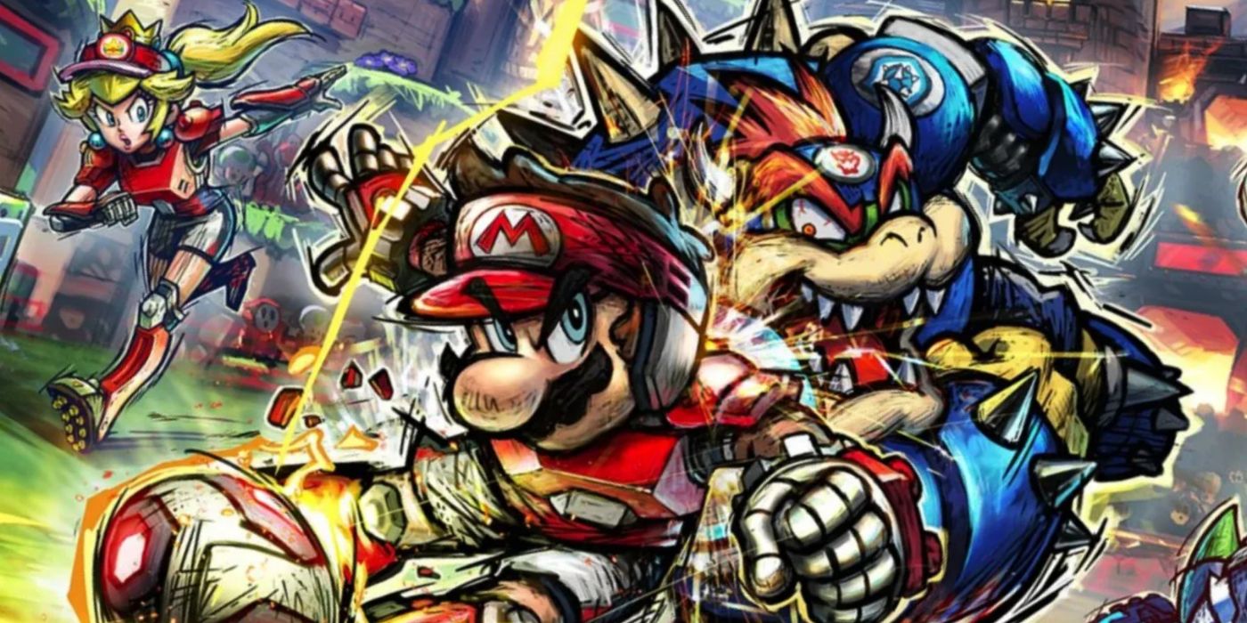 Mario Strikers: Battle League promo art featuring Mario and Bowser fighting over possession of the ball.