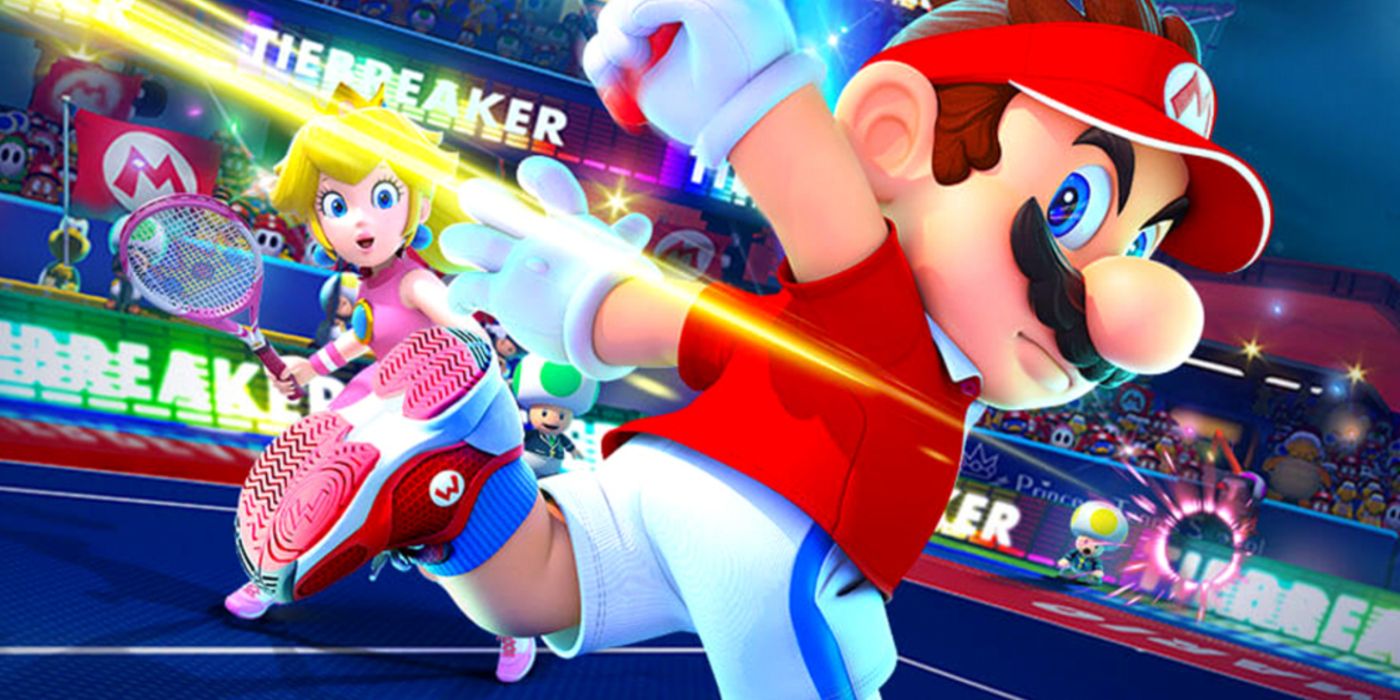 Mario Tennis Aces promo art featuring Mario, Peach, and co. playing in a match.
