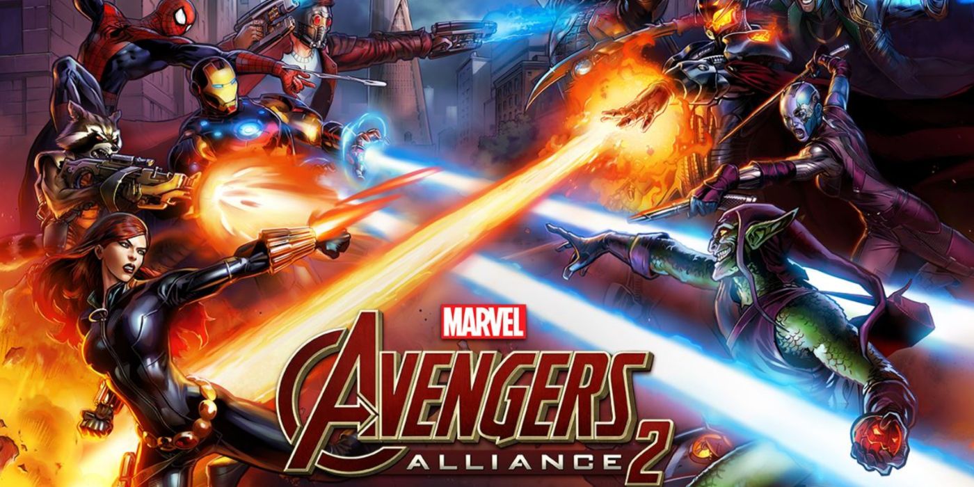 Arte promocional de Marvel Avengers Alliance 2 com heróis e vilões lutando.