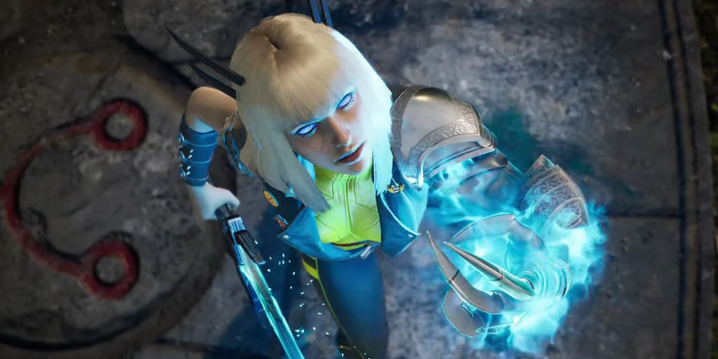 Magik from Marvel's Midnight Suns, looking straight up toward the camera and holding a hand engulfed by blue flames in the air.