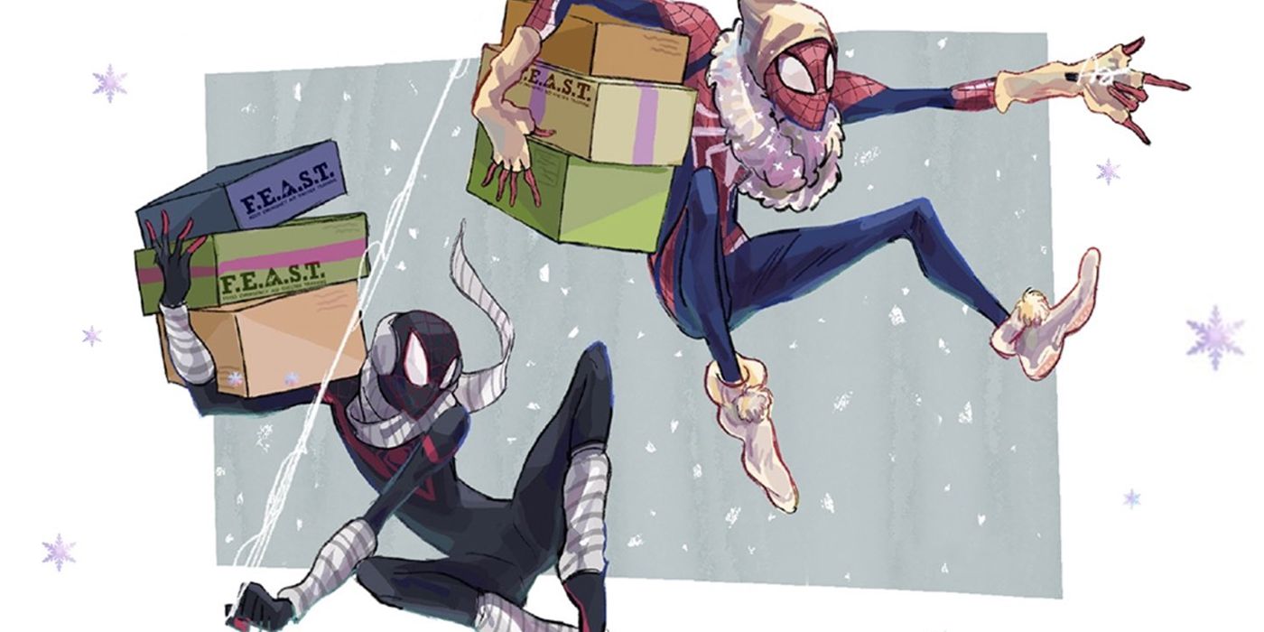 Natal 2022 Marvel's Spider-Man arte de Peter e Miles em roupas com tema de inverno