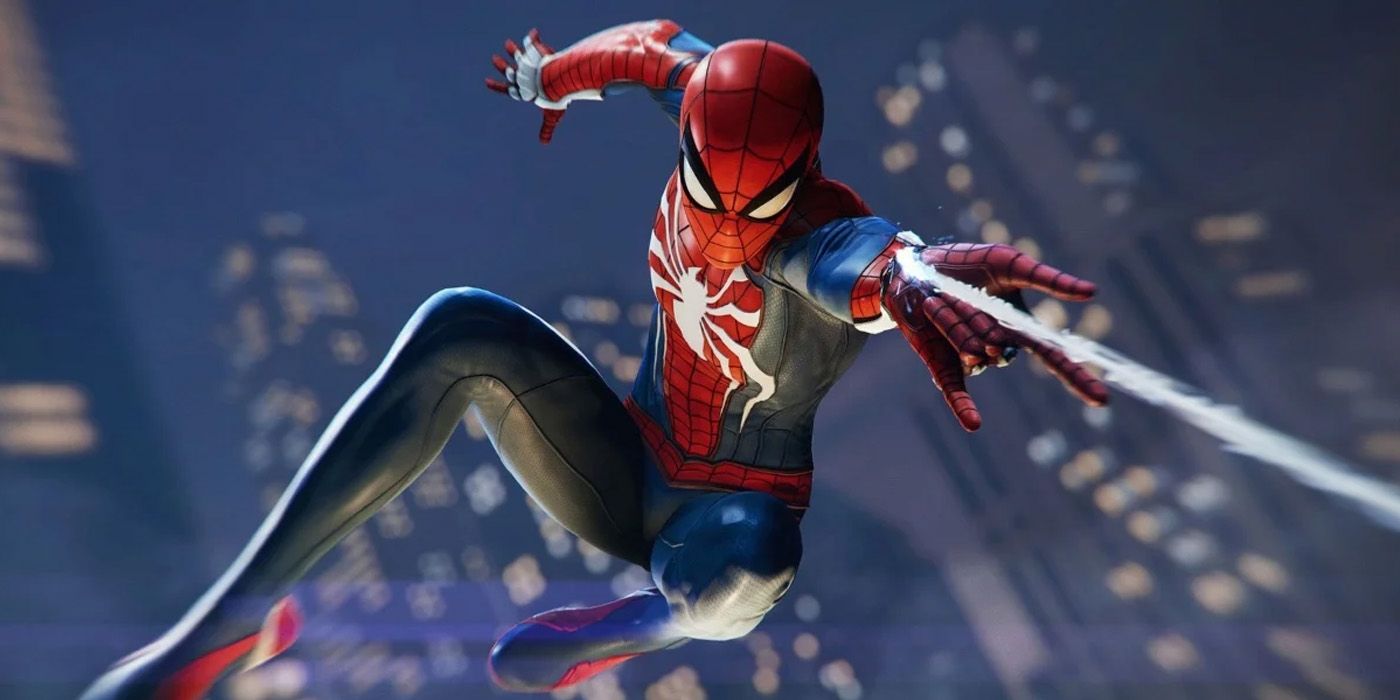 A screenshot of Spider-Man swinging through New York in Marvel's Spider-Man.