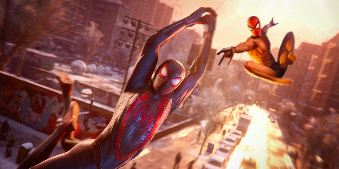 Screenshot from Marvel's Spider-Man: Miles Morales.  Miles walks away from Peter in his Undies suit.