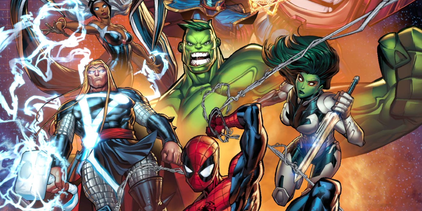 Marvel Snap Cover Art com Tempestade, Hulk, Gamora, Homem-Aranha e Thor