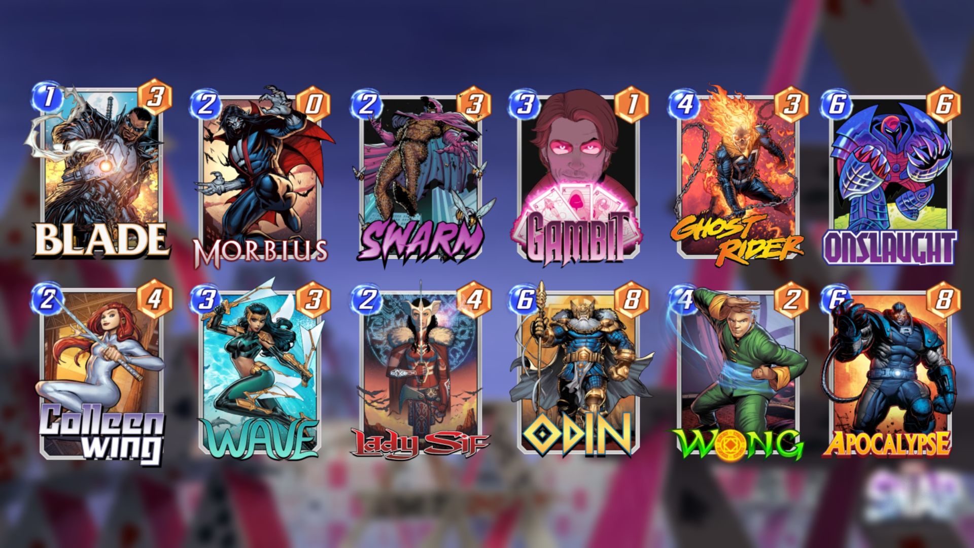 Marvel SNAP Gambit Deck com Blade, Morbius, Wave, Swarm, Colleen Wing, Lady Sif, Wong, Onslaught, Ghost Rider, Odin e Apocalypse