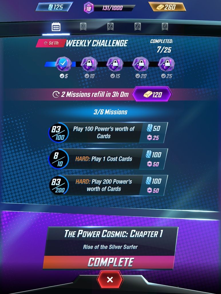 The Mission Screen in Marvel SNAP, listing multiple challenges players can complete for Credits.